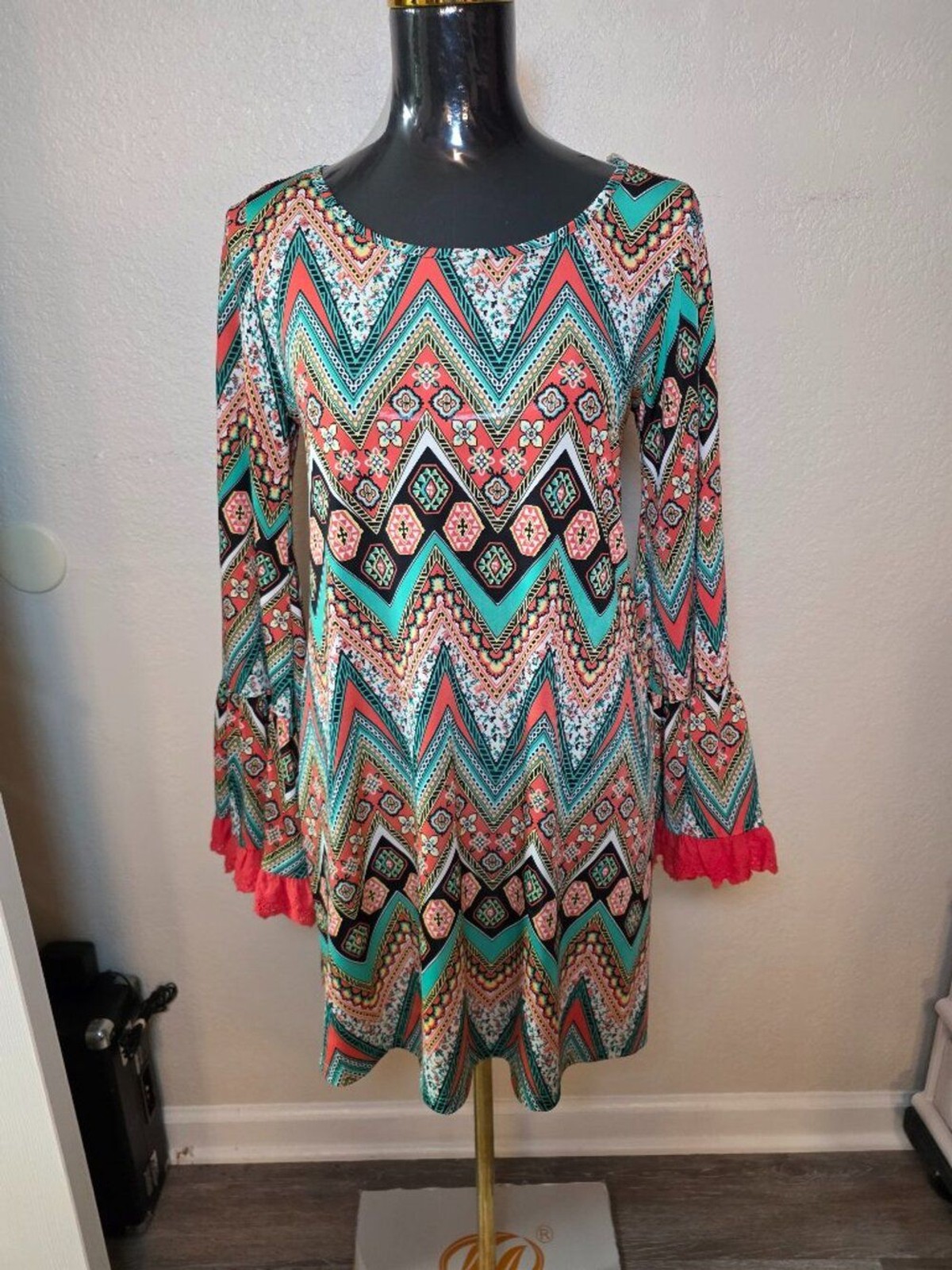 Boho Chevron Print Tunic Top Coral Teal Ruffle Sleeve
