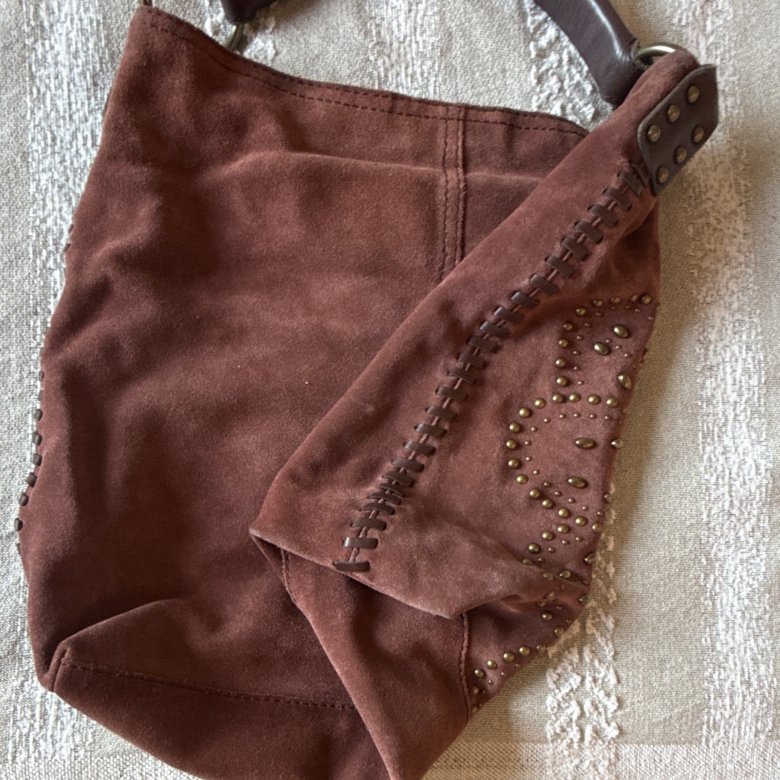 Lucky Brand Brown Floral Studded Whipstitch Shoulder Bag, Zip, Brass HW
