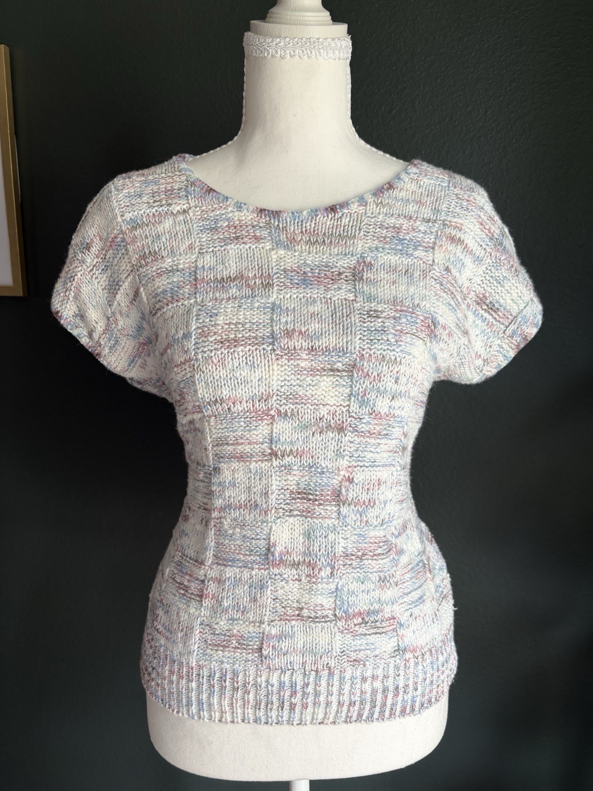 VTG Arielle USA Patchwork Knit Short Sleeve Sweater Pink Blue Ivory Made in USA