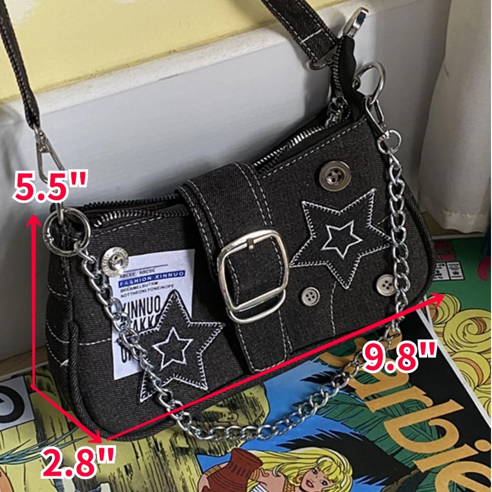 HIQUAY Grunge Hobo Bag Fairy Shoulder 9.8 x 2.8 x 5.5 inches, Black