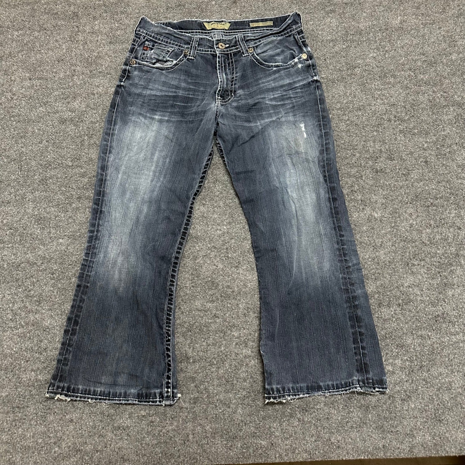 Big Star Jeans Mens Size 36 Voyager Loose Fit Dark Wash Distressed Thick Stitch
