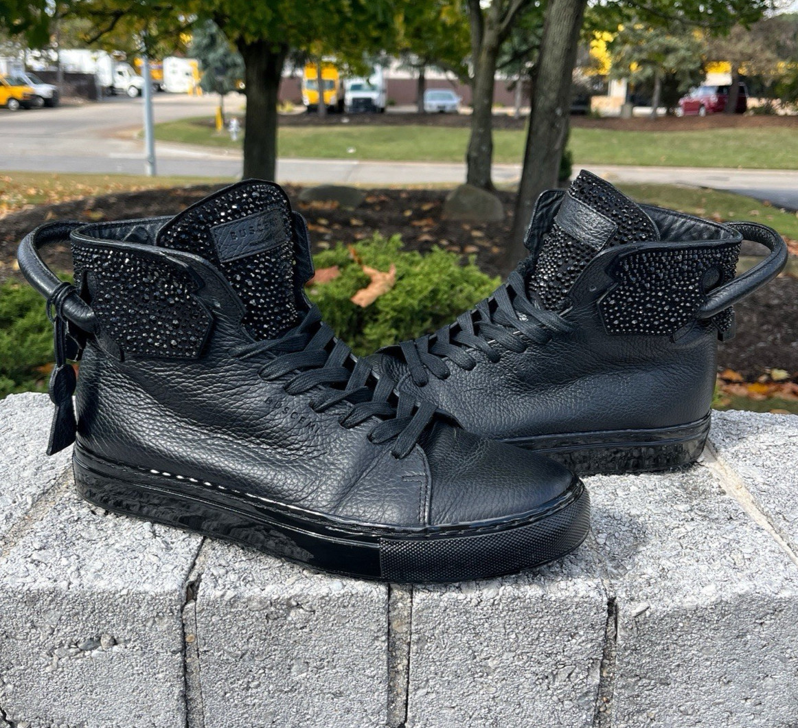 Mens Buscemi Black Leather 125MM High Top Swarovski Designer Sneakers US 10 EU43
