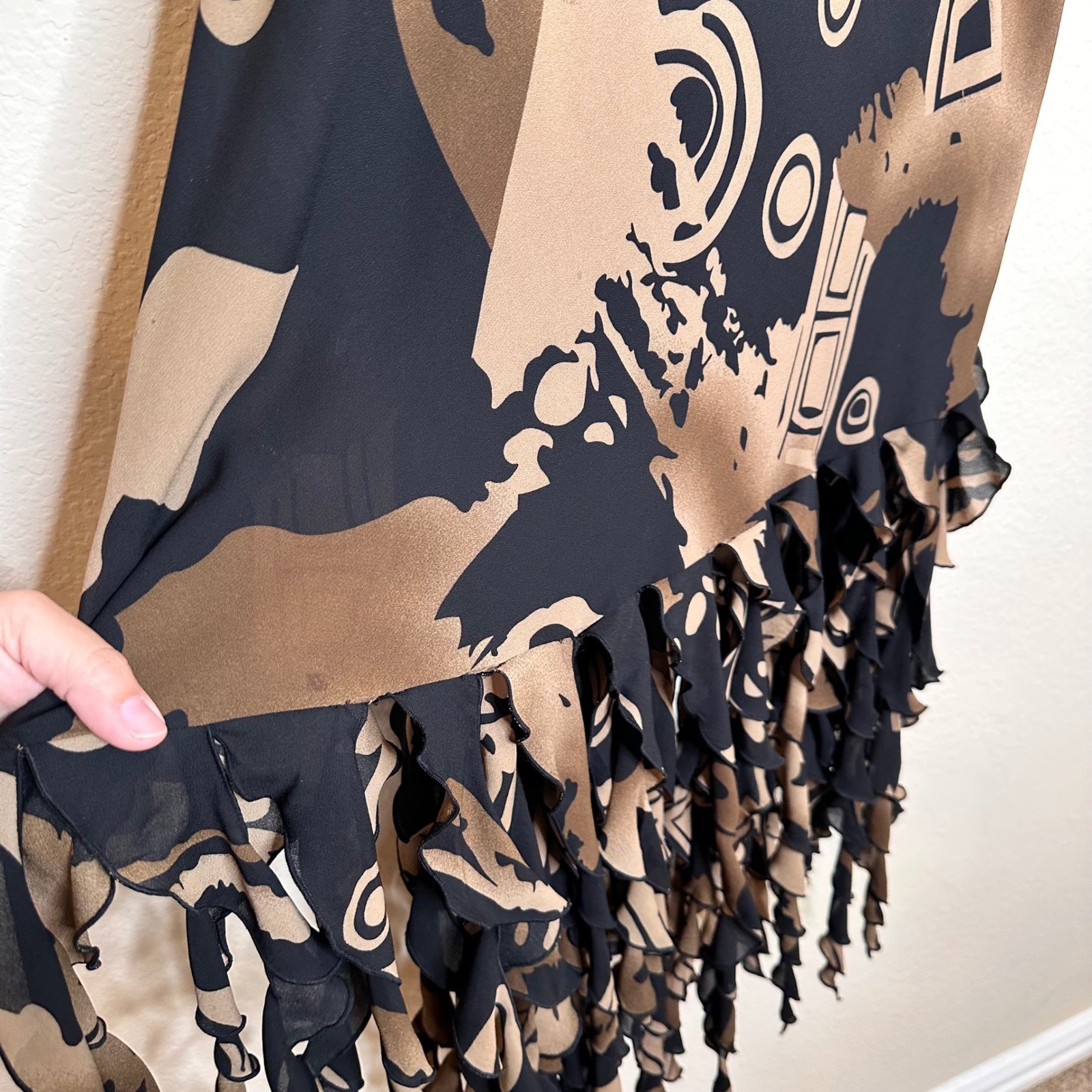 Dress-U-I by Sharon Black Tan Abstract Geometric Fringe Hem Midi Skirt Unique 1X