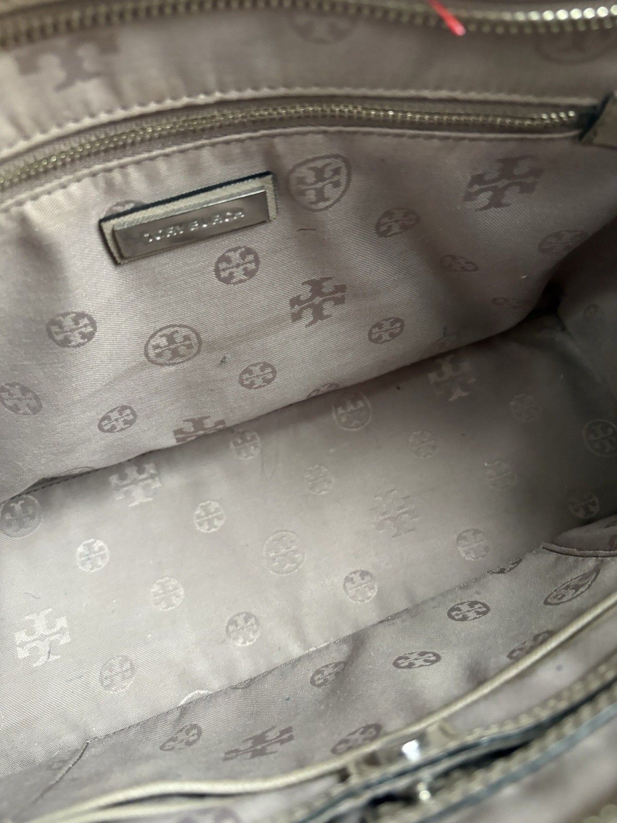 Tory Burch Robinson Crosshatch Large Zip Tote Satchel In French Gray EUC