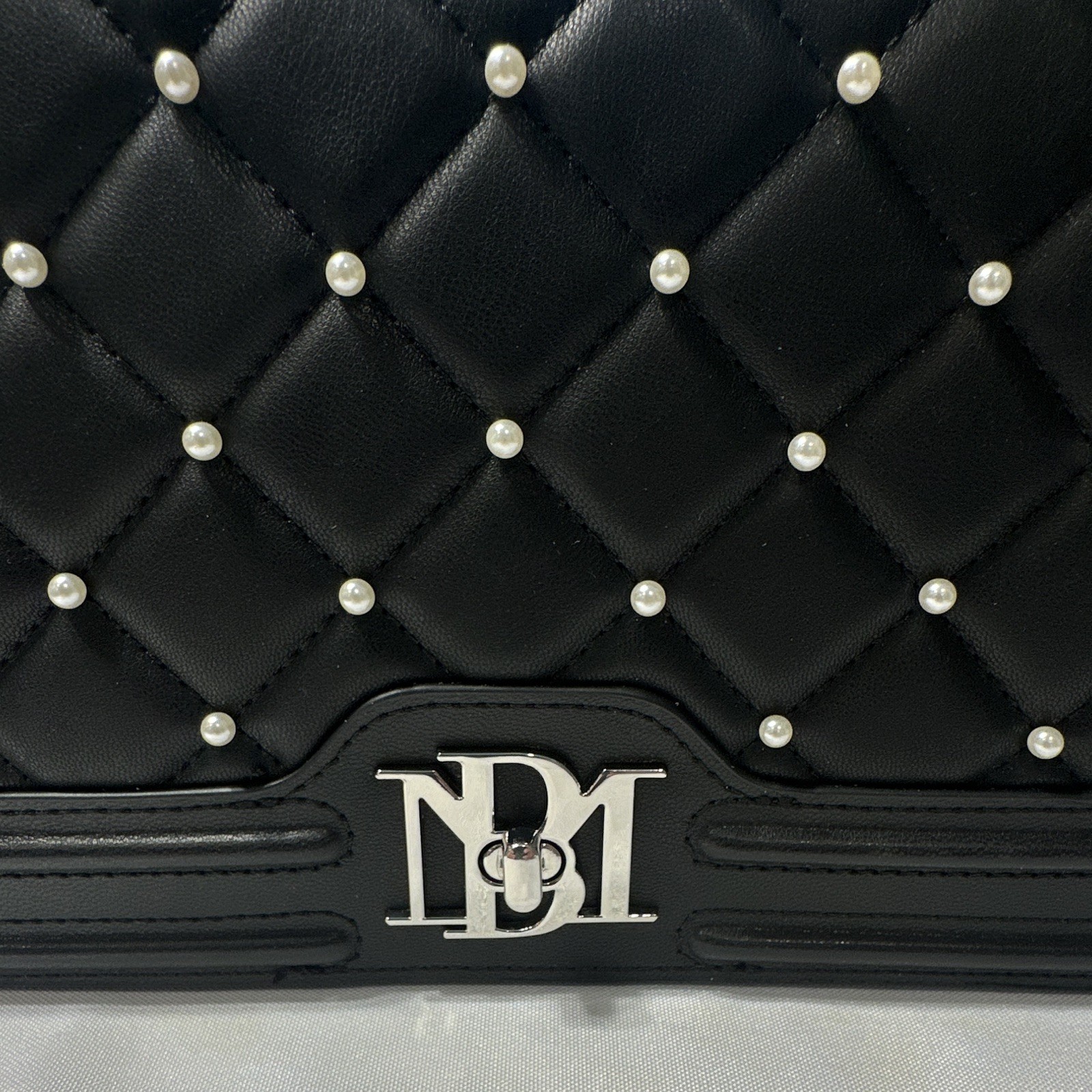Badgley Mischka Black Quilted Pearl Accent Crossbody Bag, Chain Strap Turn Lock