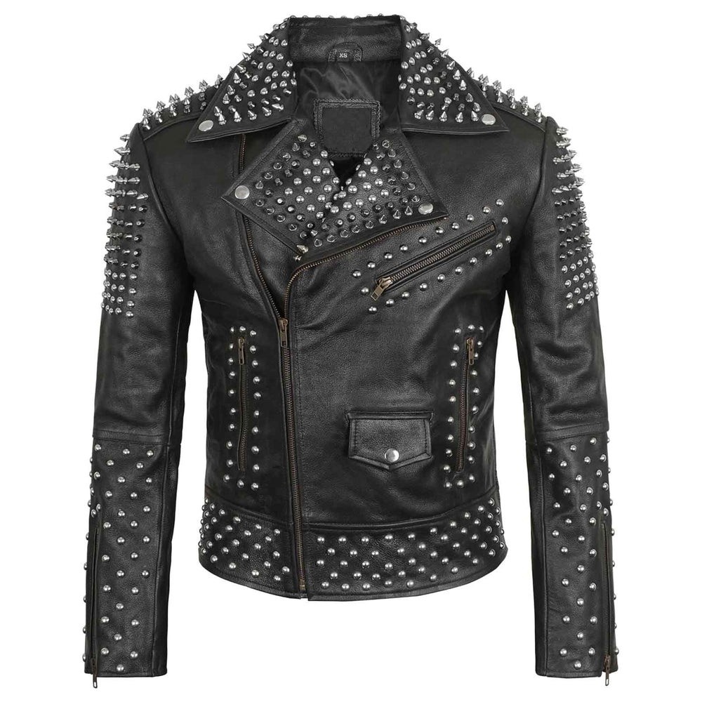 Men’s Black Studded Punk Rock Biker Spiked Slim Fit Real Cowhide Leather Jacket