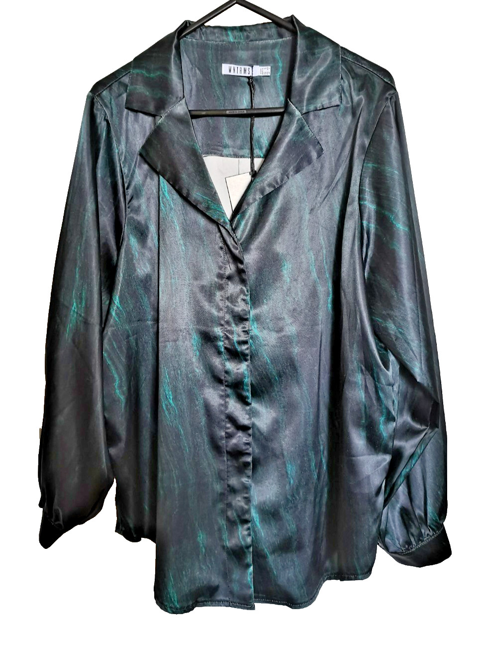 Satin Swirl Marble Print Shirt Emerald Green Black Notch Lapel Button Shirt
