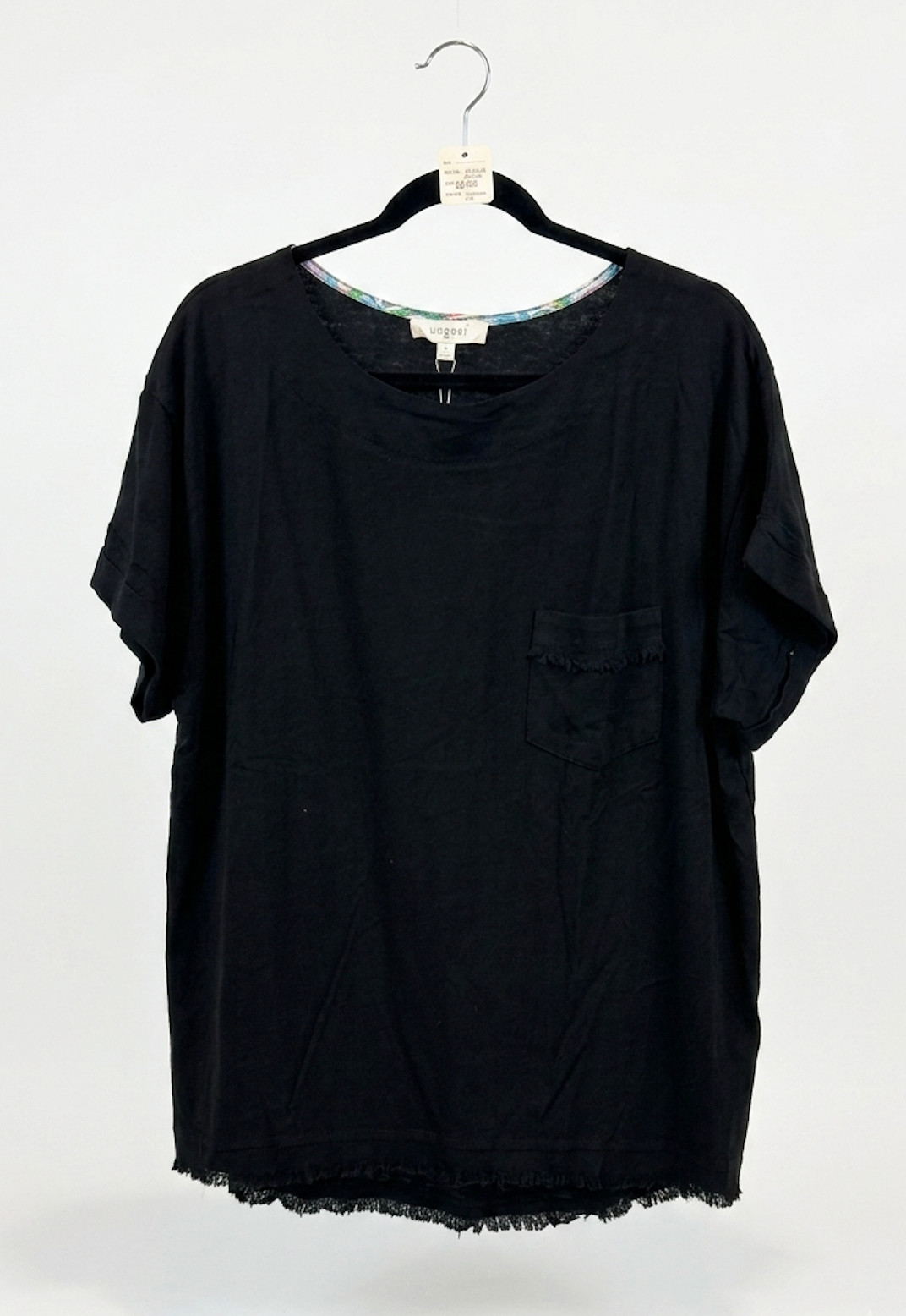 Black Raw-Edge Scoop Neck Tee – Frayed Hem & Cuffed Sleeves – Boutique Basic
