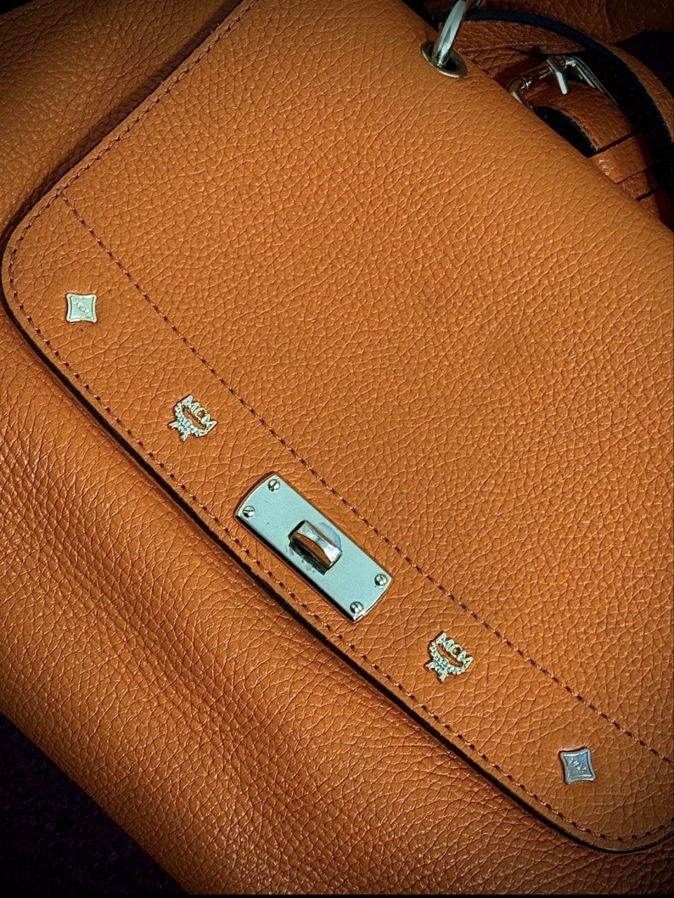 MCM Shoulder Bag Medium Orange Leather 2 Way