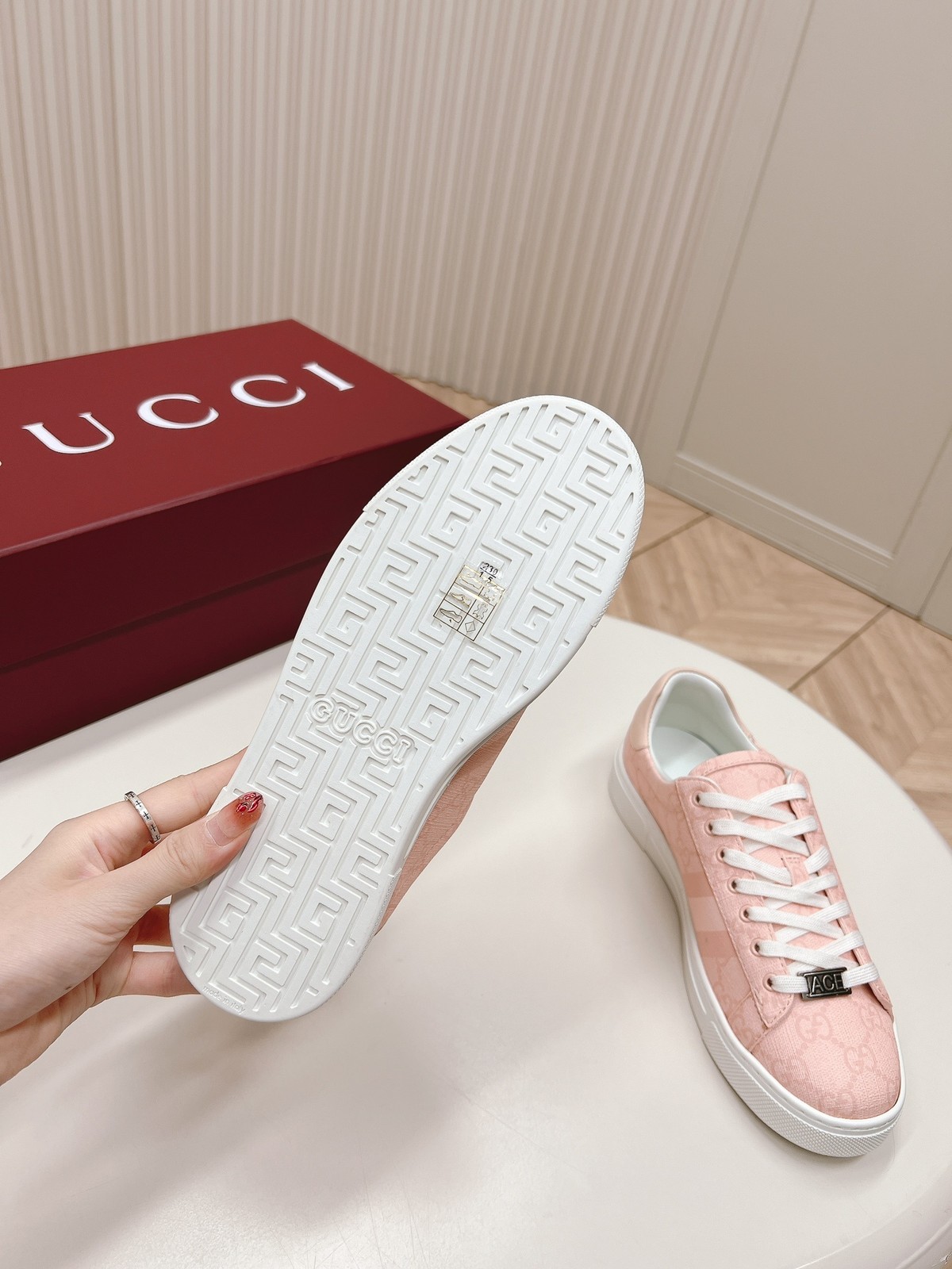 Gucci Ace Pink GG Supreme Canvas Sneakers Women White Web Stripe Low Top Shoes