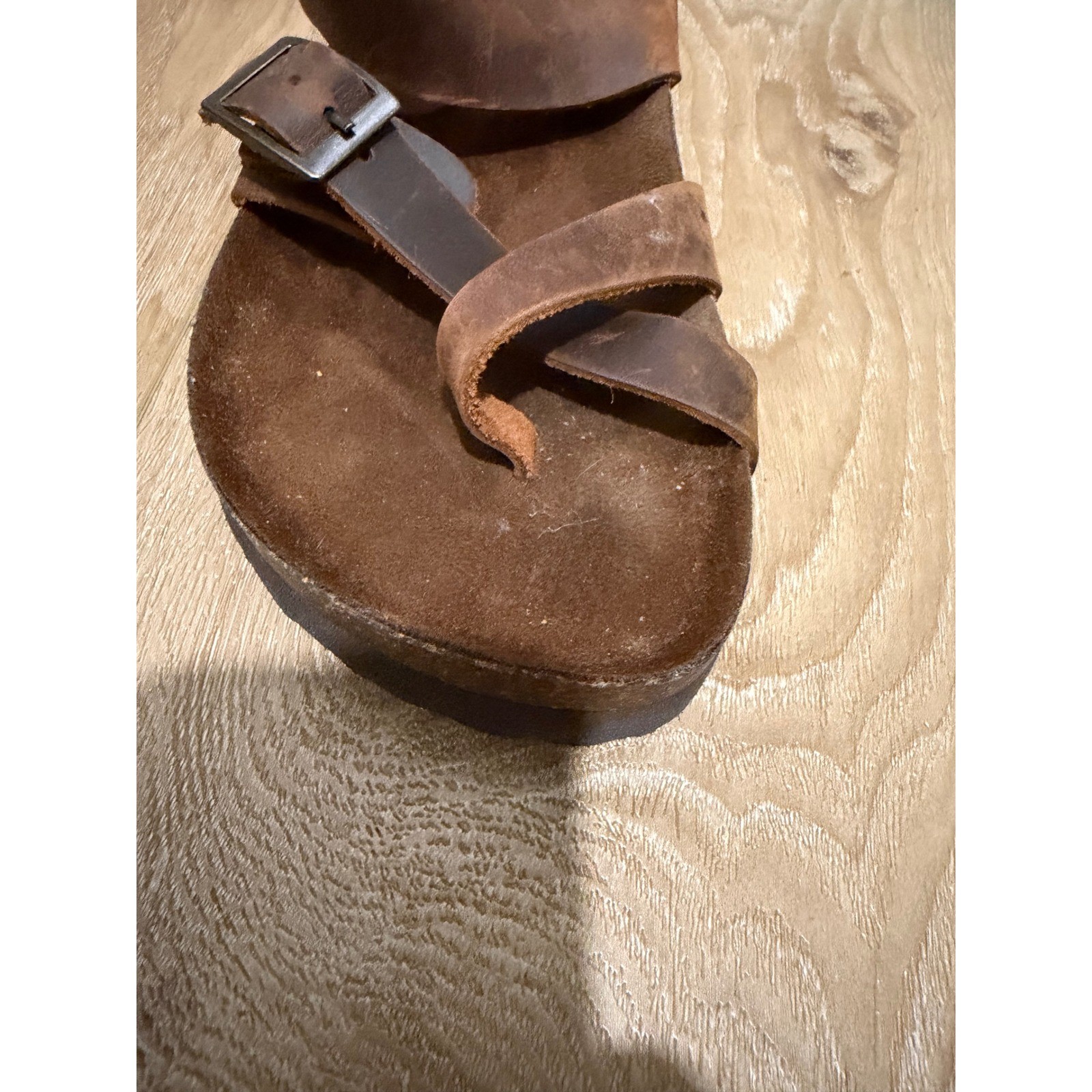 Mountain Sole Brown Leather Slide Sandals Cork Footbed Buckle Straps Boho Womens