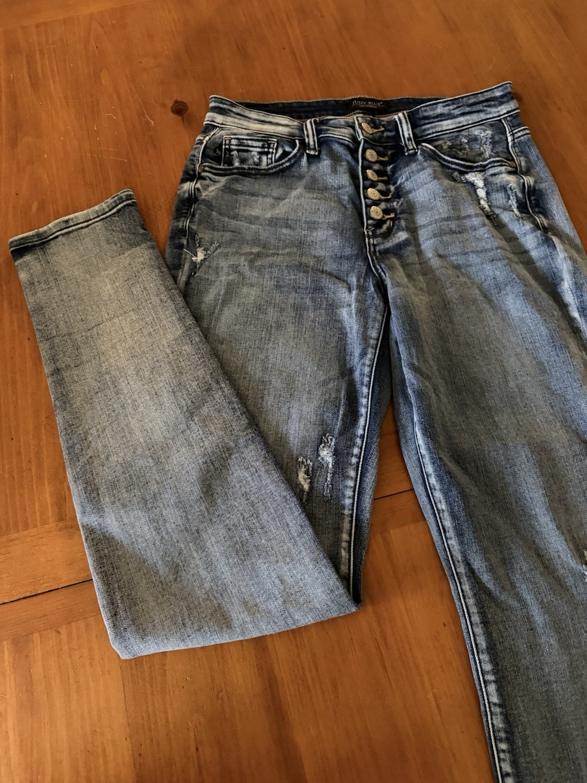 Judy Blue Medium Wash High Rise Boyfriend Stretch Distressed Button Fly Jeans