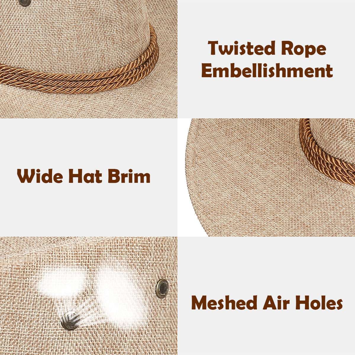Summer Sun Bucket Cap Western Cowboy Fedora Straw Linen Mesh Hat Wide Big Brim