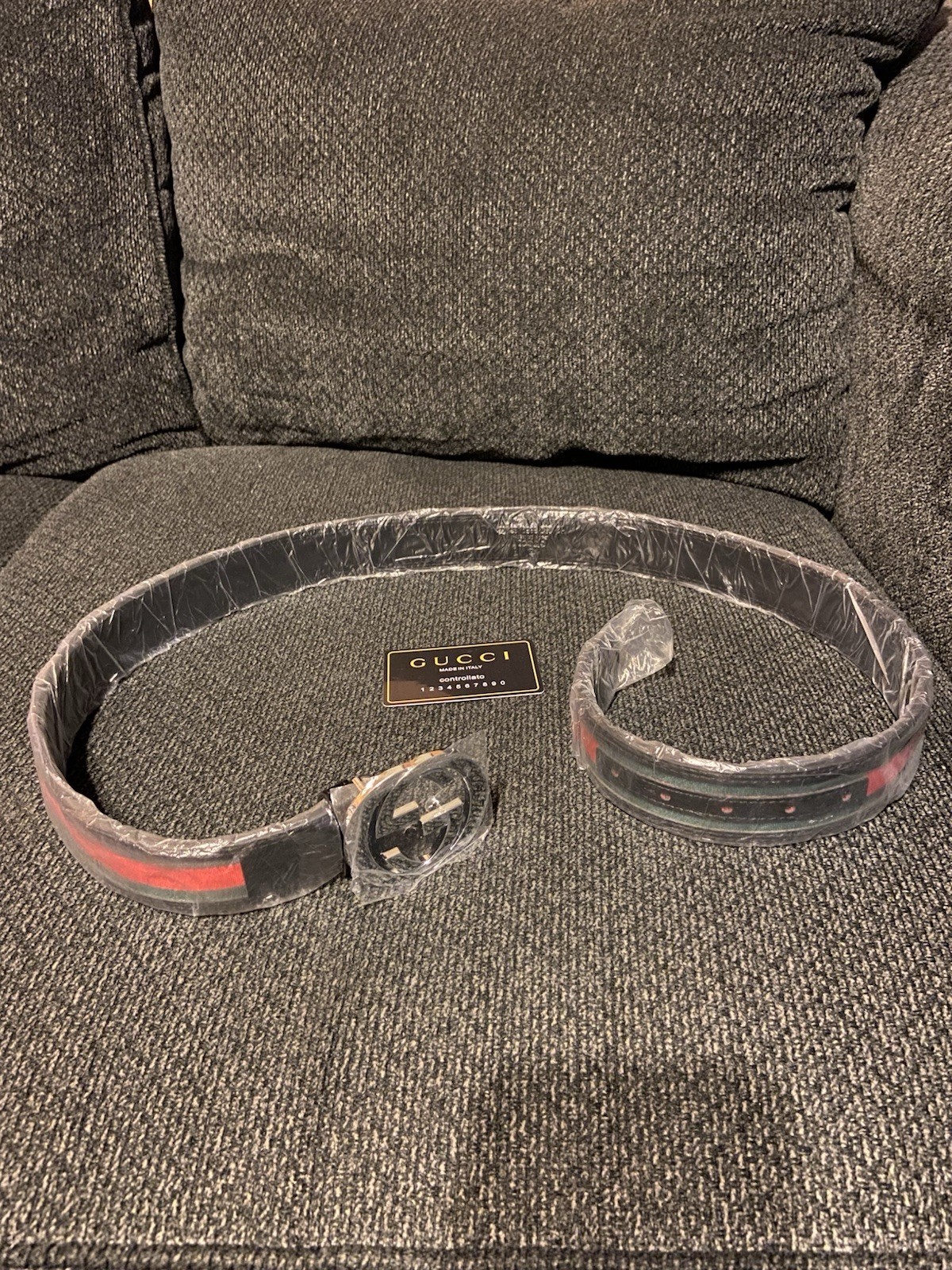 Gucci GG Silver Interlocking Belt Buckle Red Green Black Leather Canvas Men