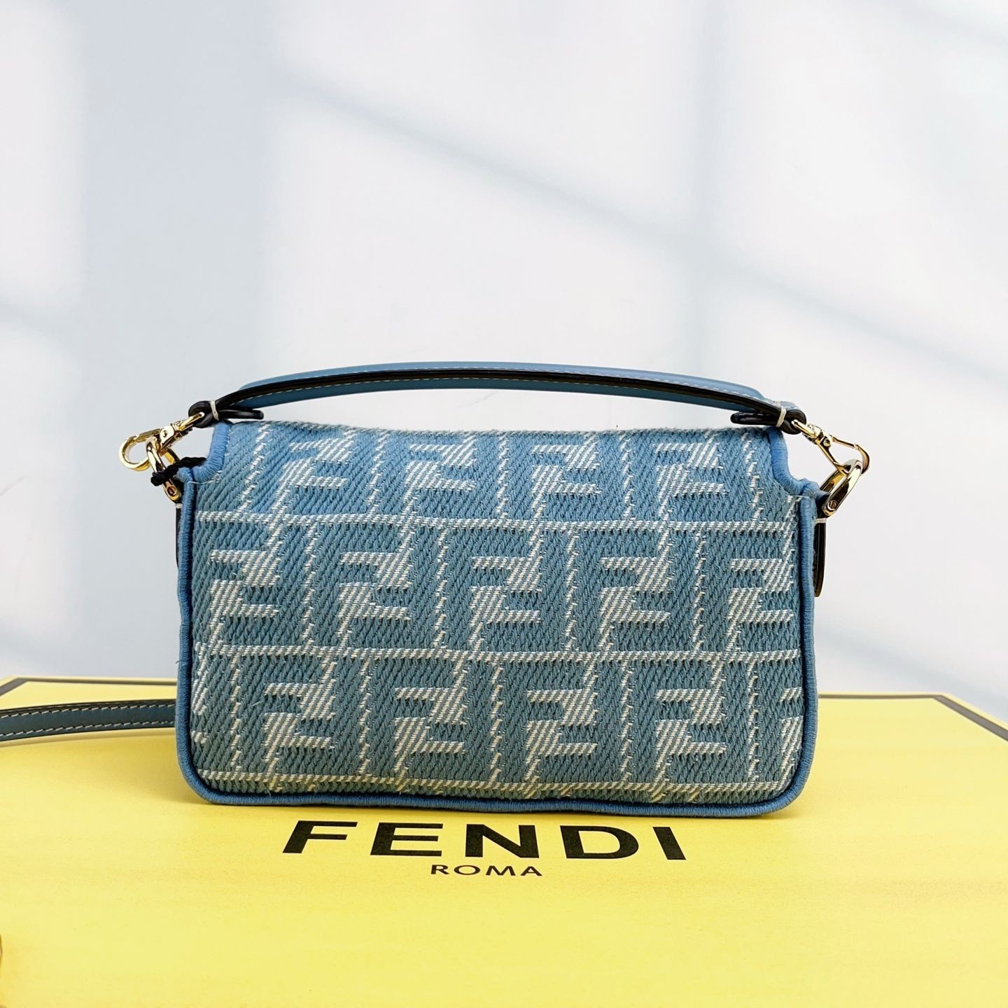Fendi Baguette Mini Limited Edition Blue Chenille GHW Chain Shoulder Bag Rare