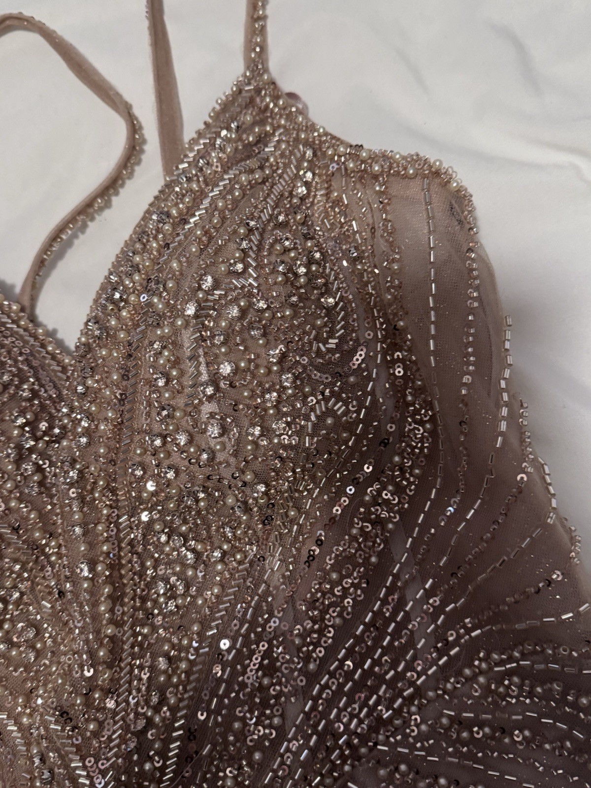 Ladivine by Cinderella Divine Champagne Beaded Sequin Mesh Gown Dress Size 12P
