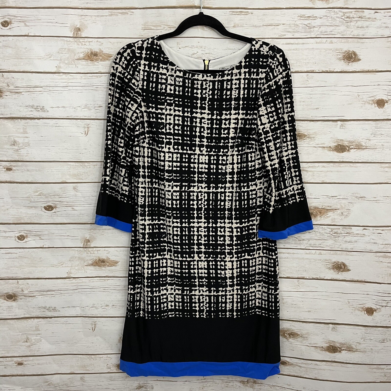 Eliza J Black White Grid Blue Trim 3/4 Sleeve Career Shift Dress Size 6 Zipper