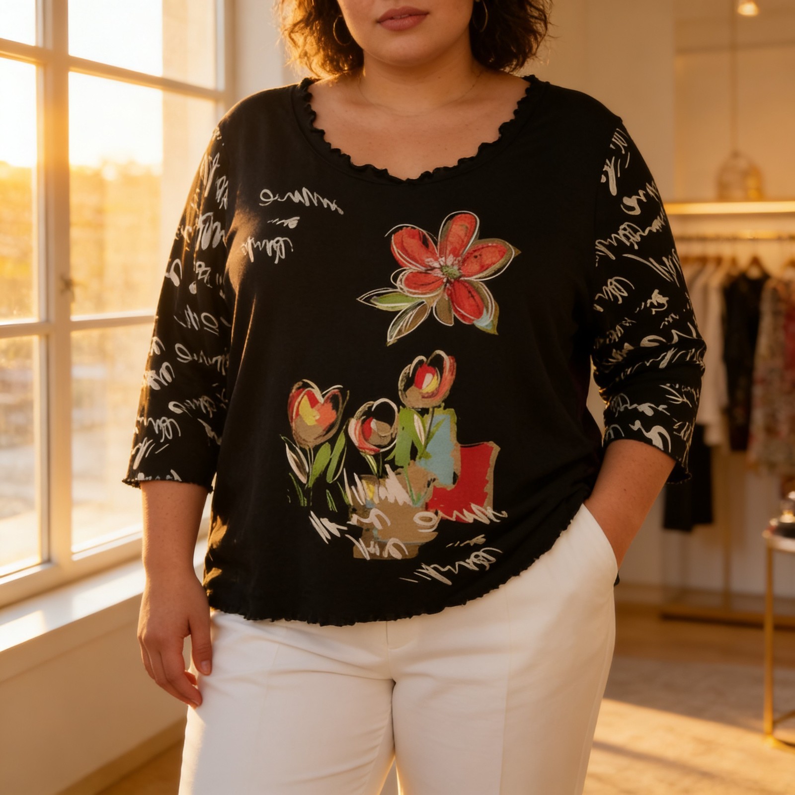 Requirements Pullover T Top Size 2X 3/4 Sleeves Bling Floral Design Front EUC