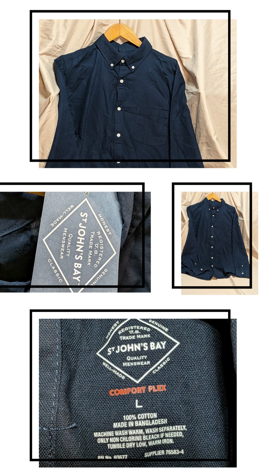 St. John’s Bay Men’s L Navy Adaptive Shirt – Back Hook‑and‑Loop Closure Comfort