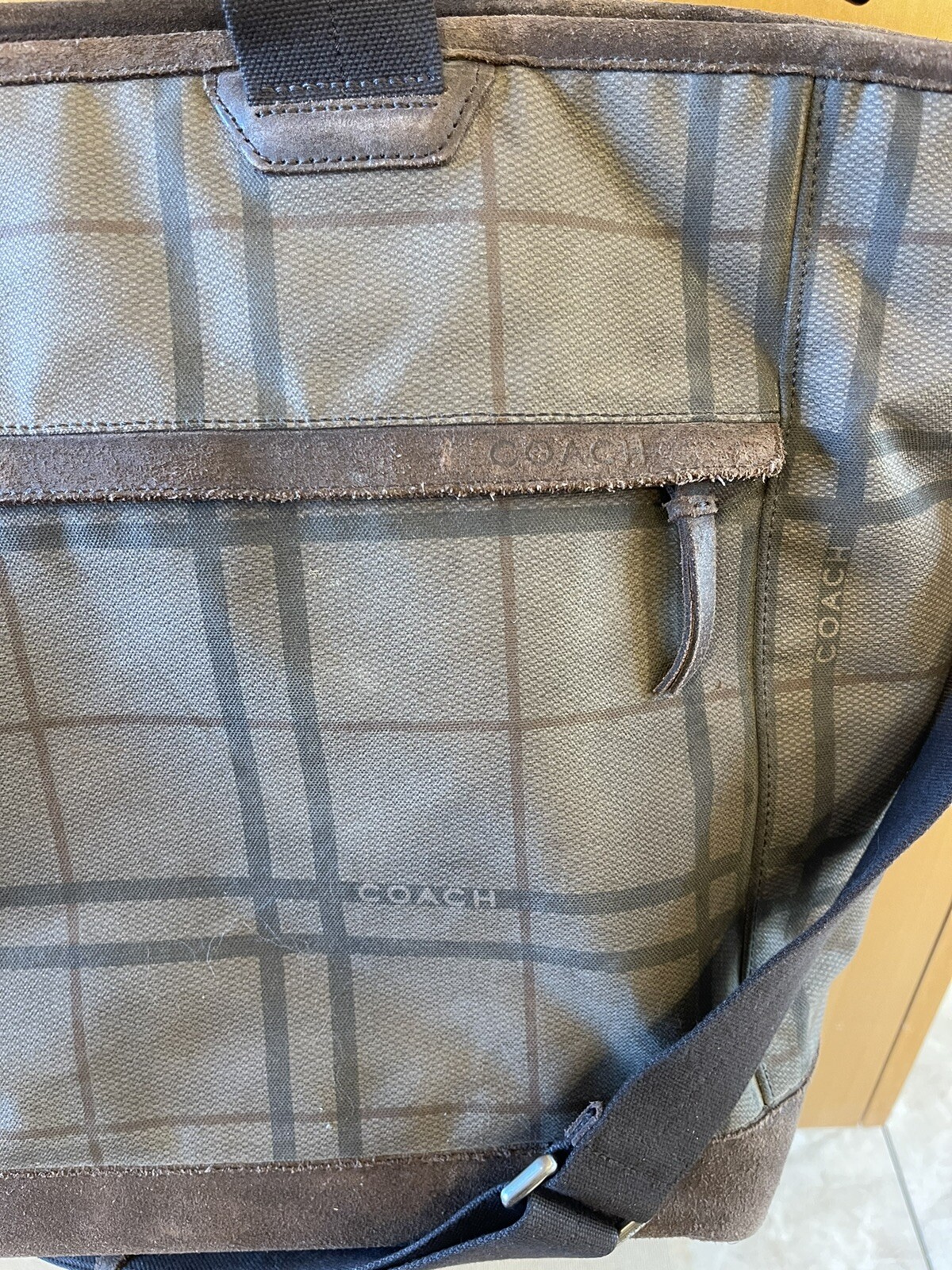 Coach Camden Plaid Fatigue Brown Canvas Tatersall Tote Weekend Travel Bag RARE