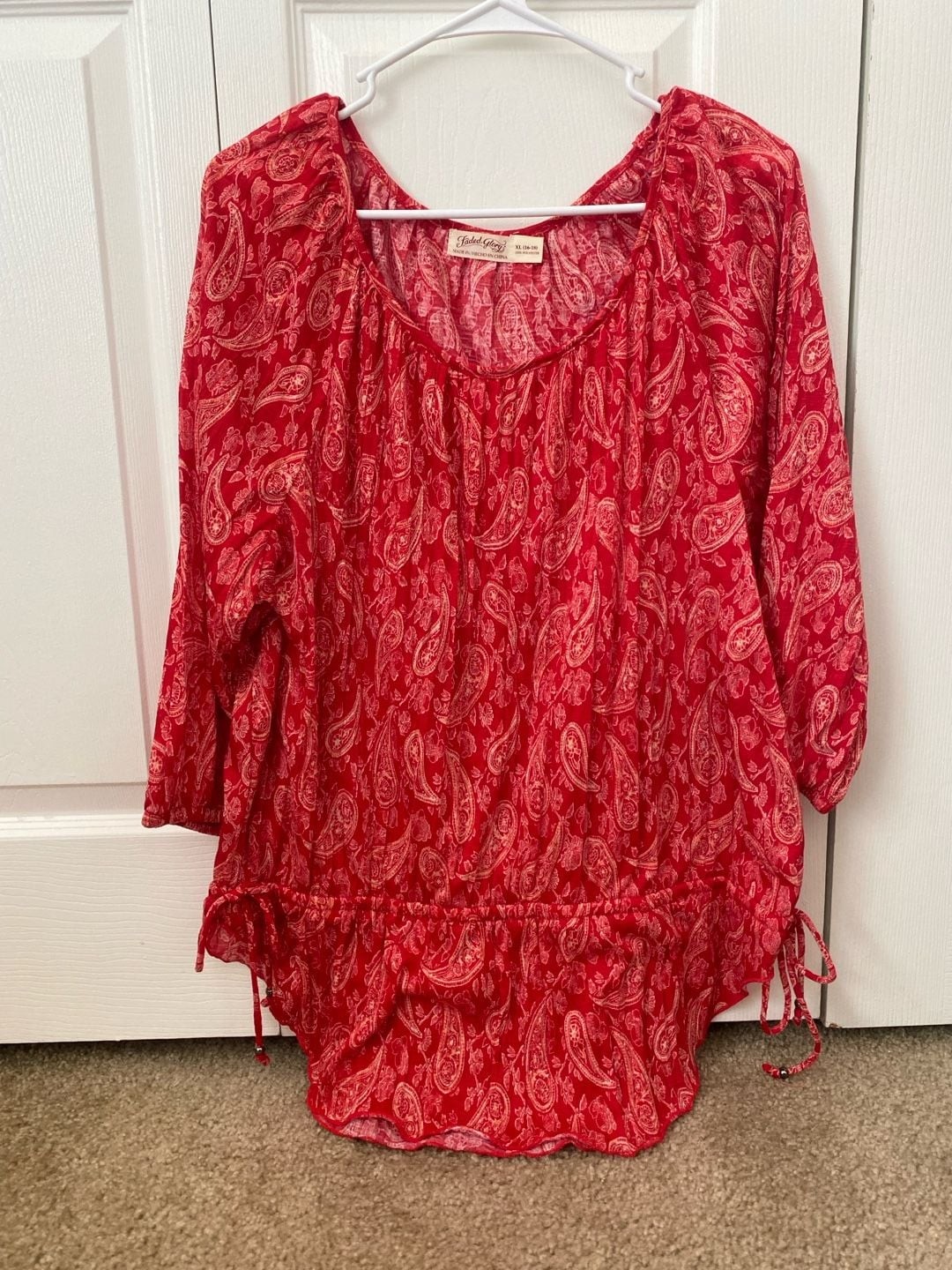 Faded Glory Plus Size XL 16-18 Red Paisley Boho Peasant Blouse