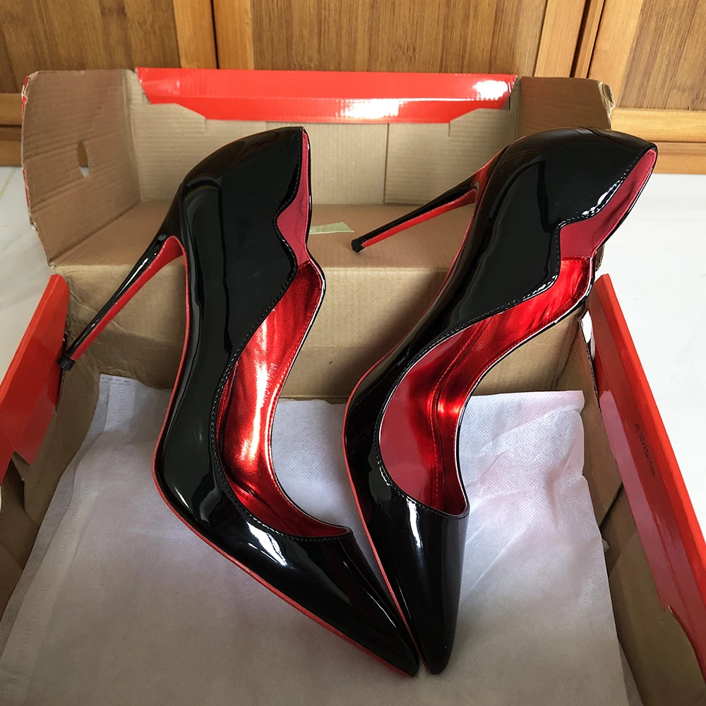12cm Women Sexy Glossy Black Patent Pumps Shallow Stilettos Elegant Slip on High