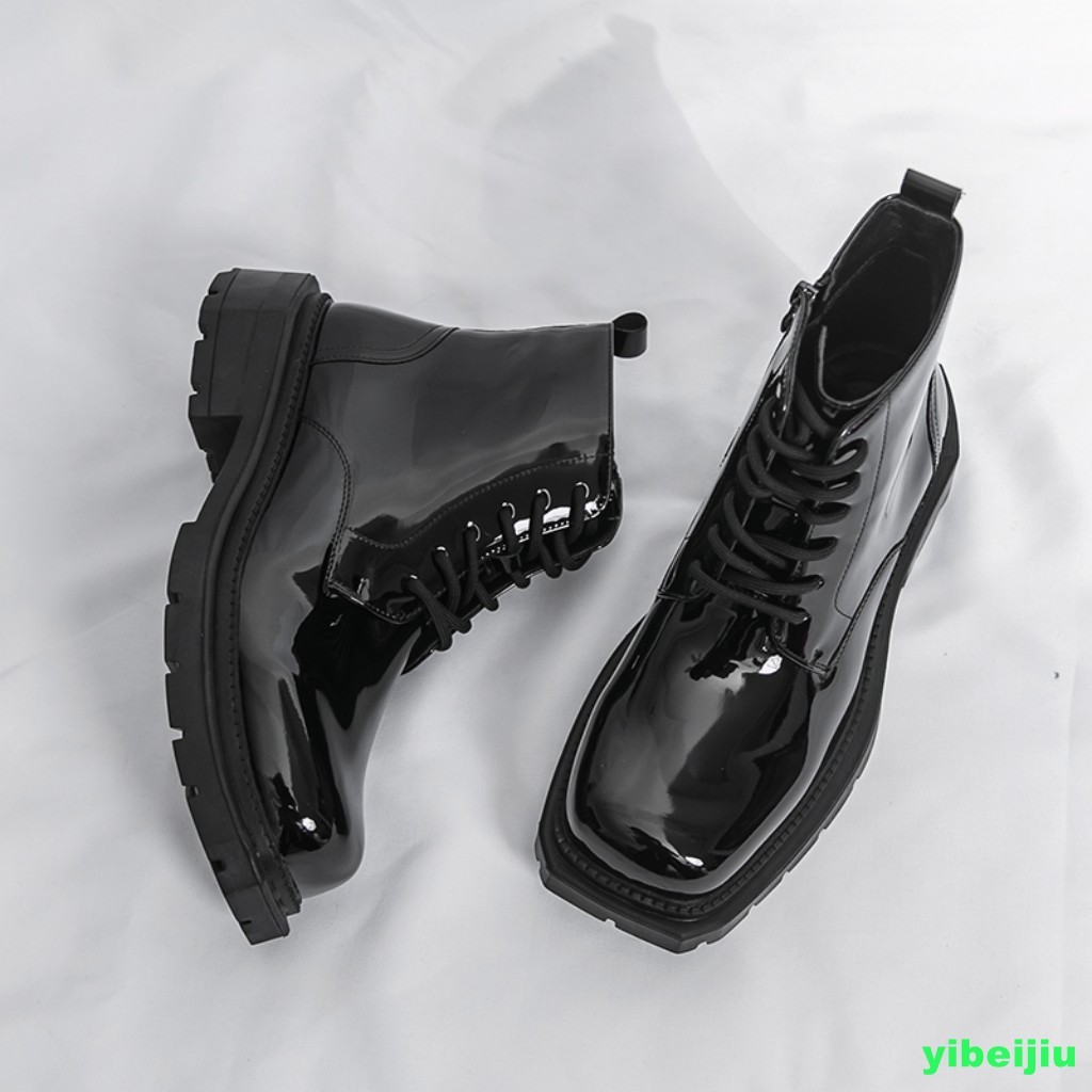 Mens Shiny Leather Dress Ankle Short Boots Platform Wide Shoes Motorcycle Gothic