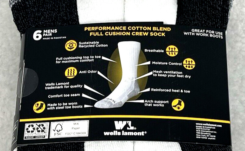 Wells Lamont Men’s Work Crew Socks 6-Pk White/Gray Great For Steel Toe Boots
