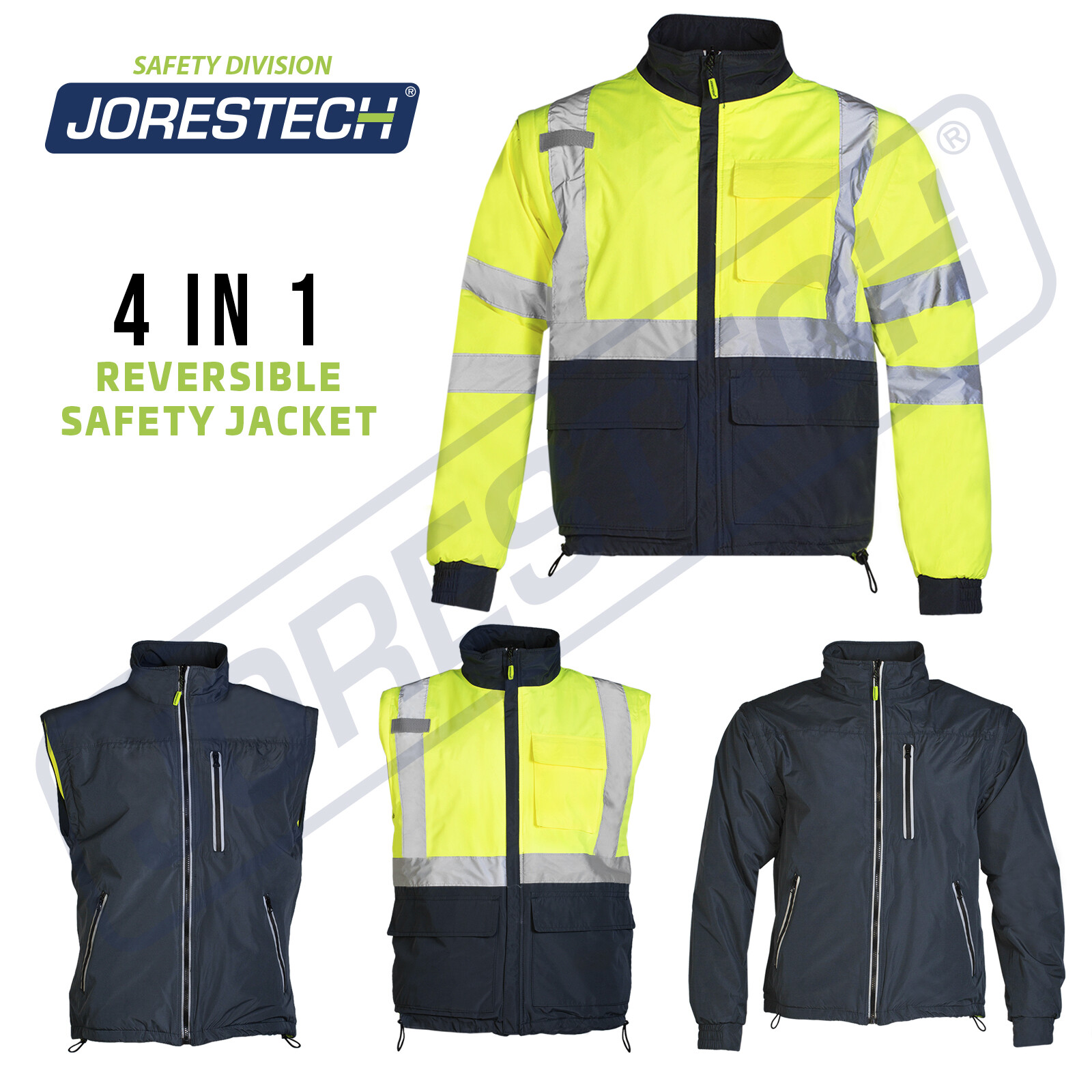 4 in 1 Hi Vis Visibility Reversible Safety Jacket JORESTECH Windbreaker