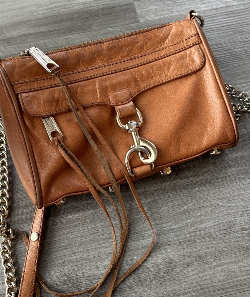 Rebecca Minkoff Mini Mac Brown Leather Crossbody Purse Bag Moto Gold Boho Chain