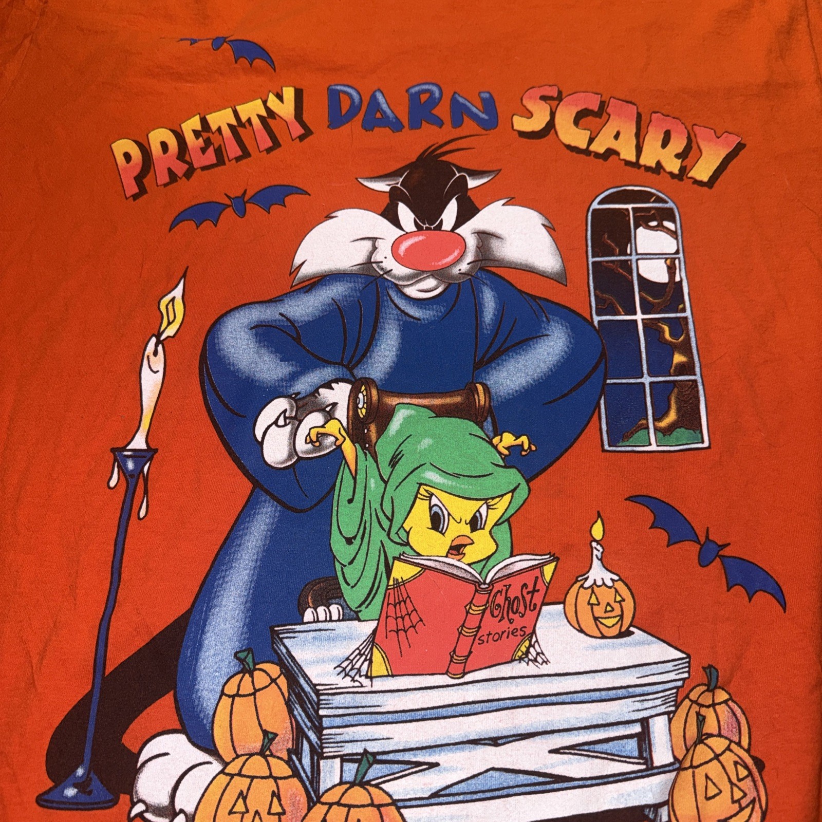 Vintage Looney Tunes Sylvester Tweety Halloween Shirt 1998 Orange Large