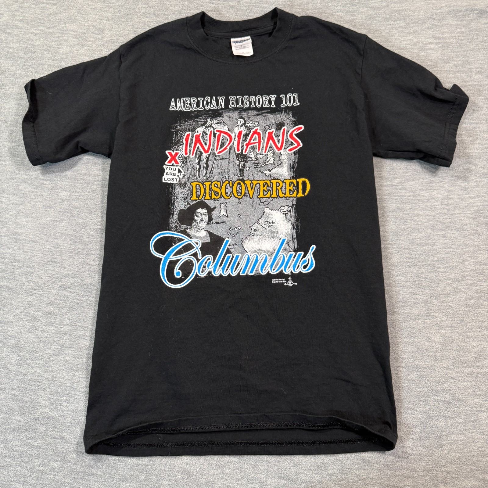 Gildan Shirt Men Small Black American History 101 Indians Discovered Columbus