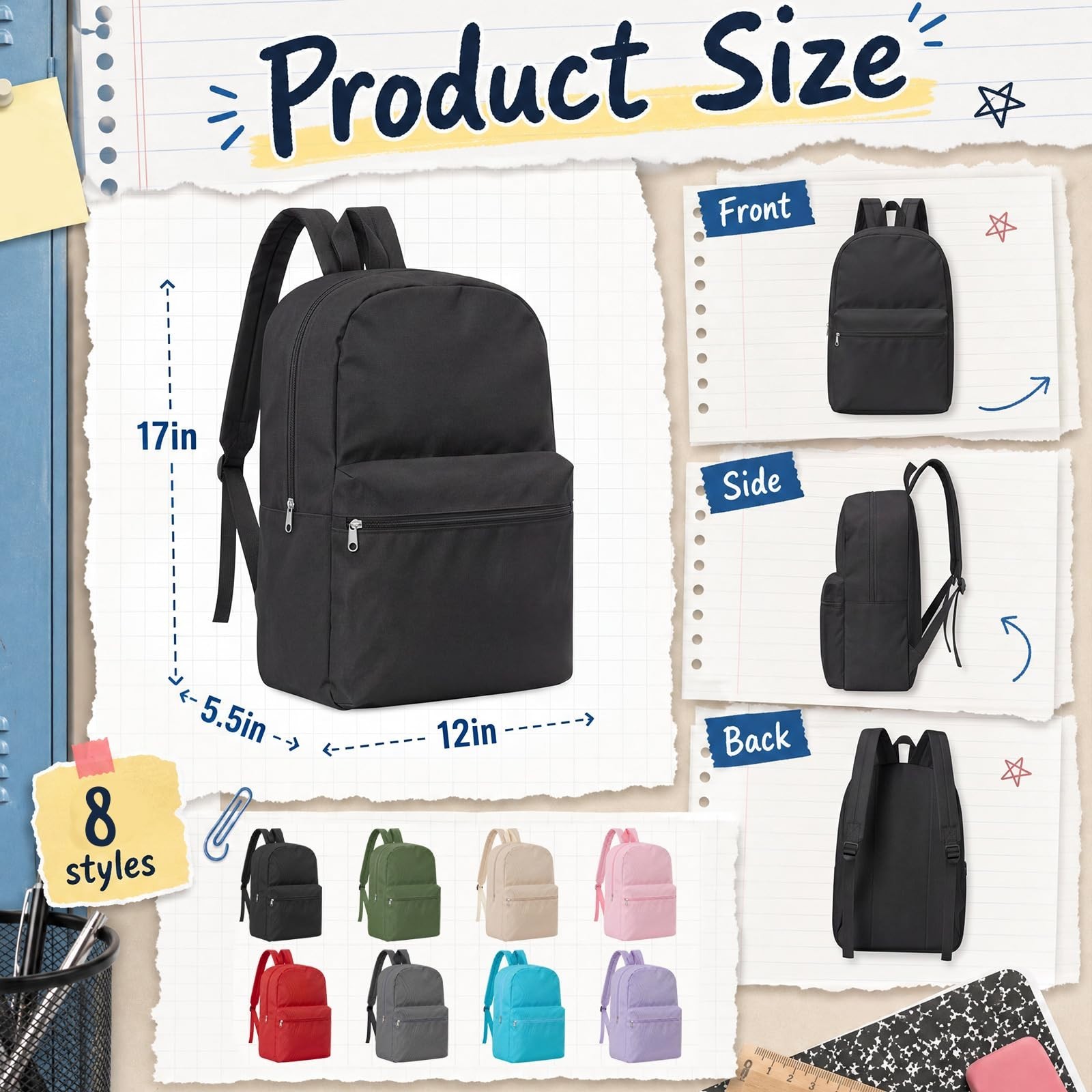 8 Pack 17″ Kids School Backpacks – Assorted Colors, Bulk Bookbags for Students