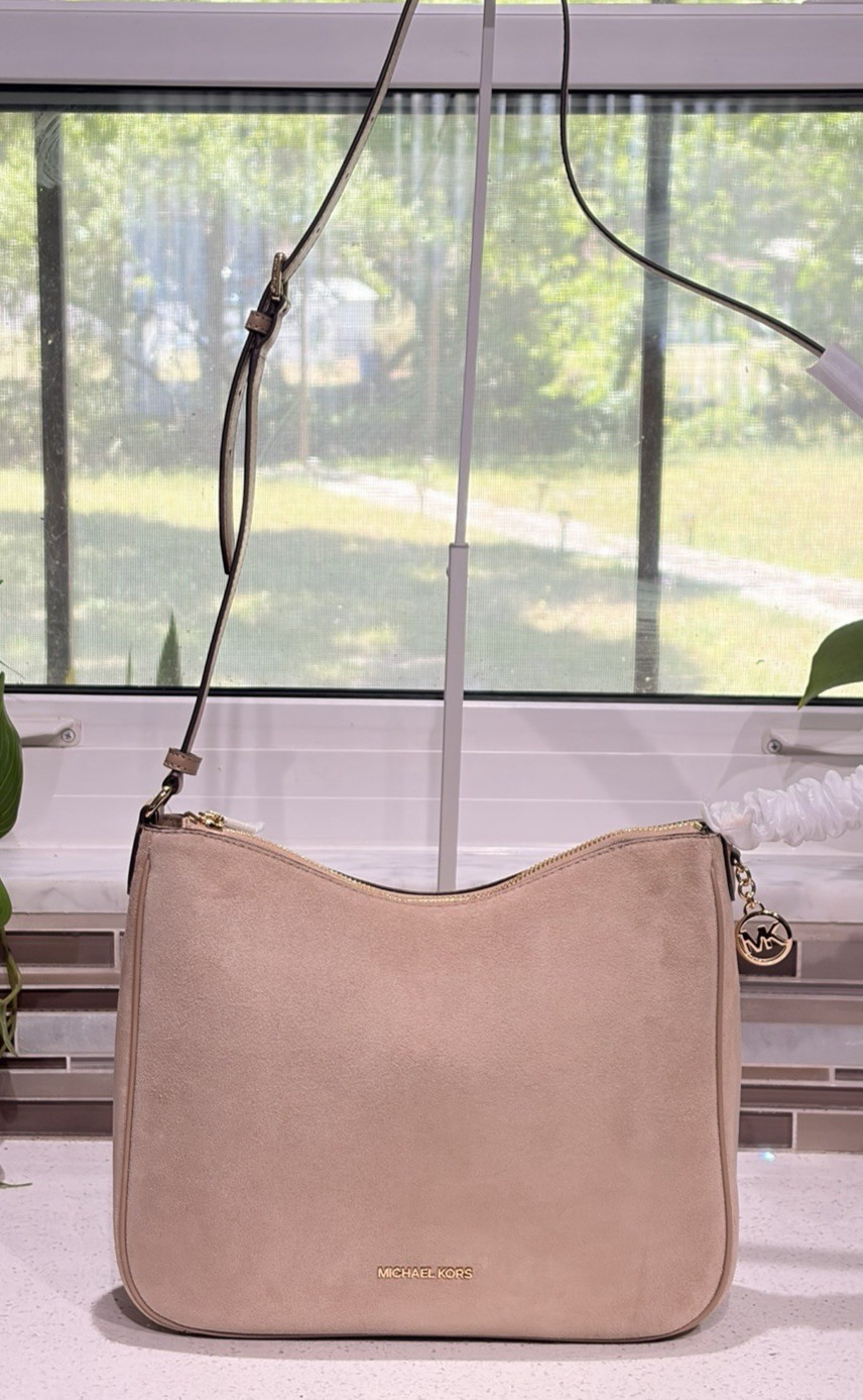 MICHAEL KORS NAYLA MEDIUM ZIP MESSENGER CROSSBODY BAG TOTE MK CAMEL SUEDE GOLD