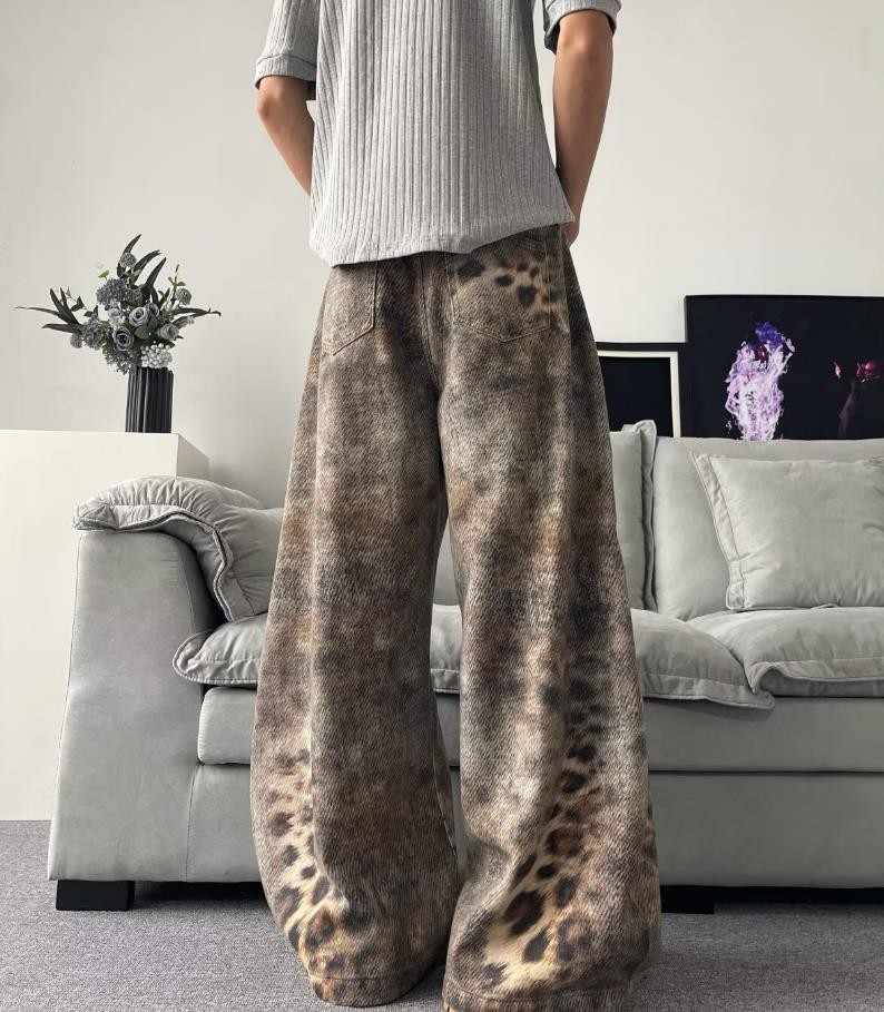 Men’s Brown Denim Jeans Leopard Wide Leg Casual Pants Punk Hip Hop Trousers New