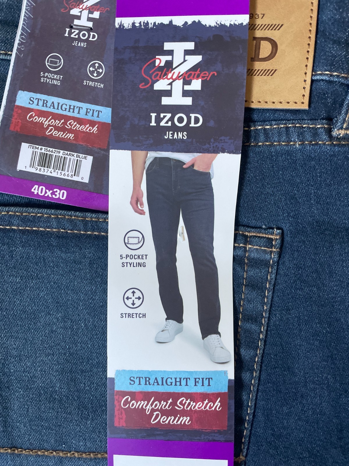 IZOD Jeans Mens Straight Fit Comfort Stretch Denim Dark Blue 40×30 40×32 40×29