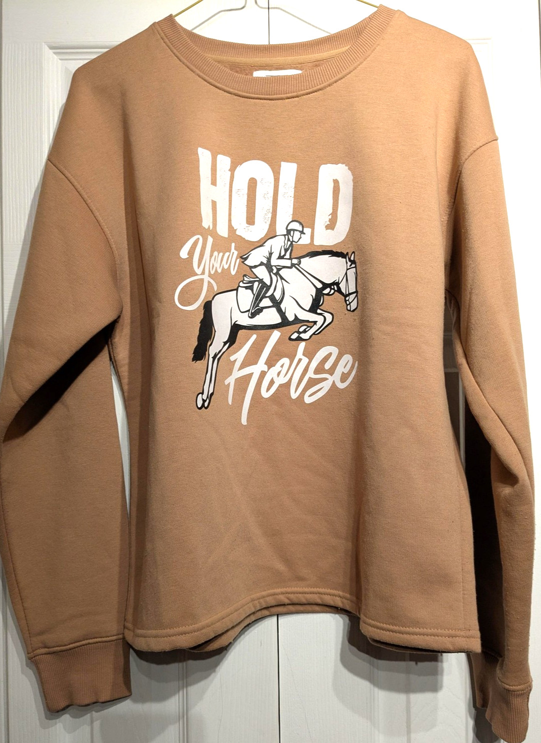 Myra Bag Sweatshirt Womens M Tan Hold Your Horse Graphic Equestrian Soft Riding