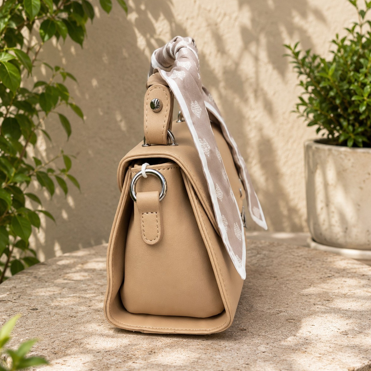 Beige Small Satchel Top Handle Bag Zip + Magnetic Closure w/ Pouch