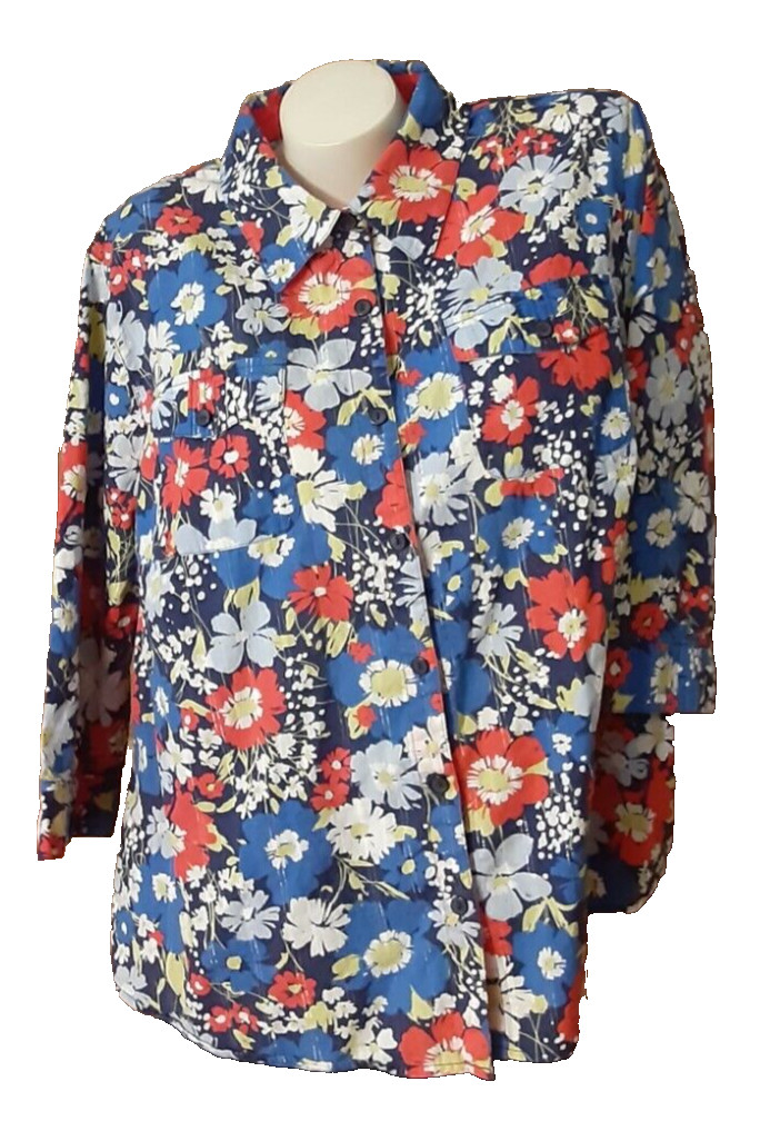 Alfred Dunner Woman Blue Floral Blouse Bracelet Sleeves Pockets Size 18W