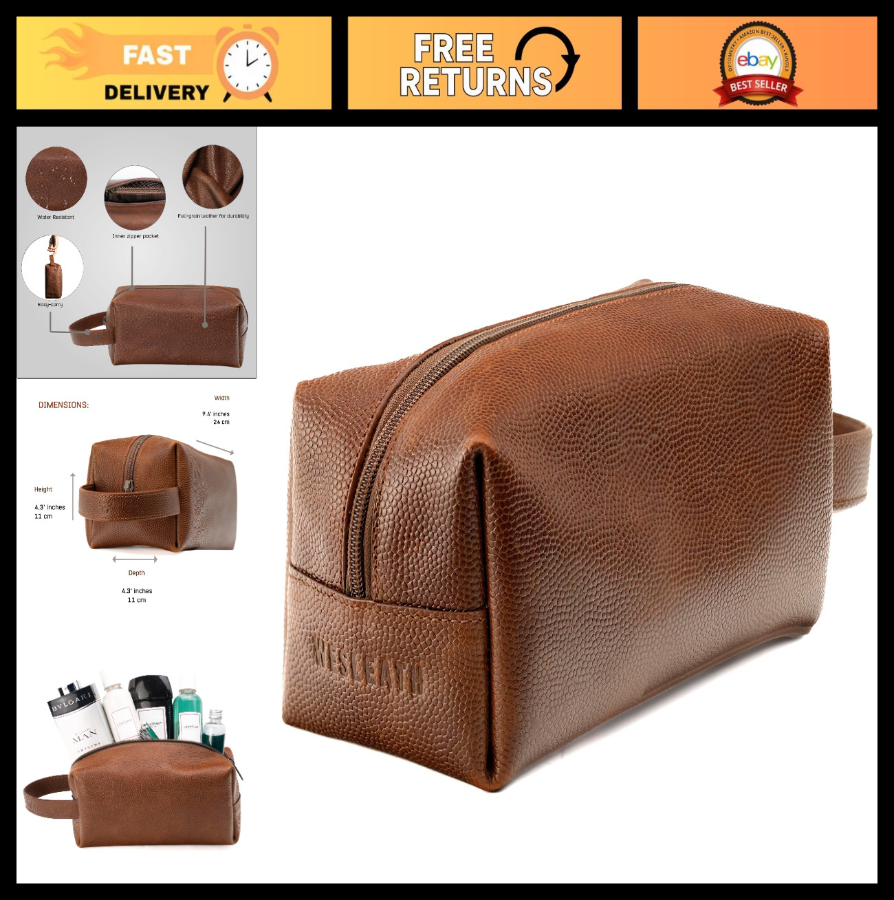 Water Resistant Leather Toiletry Bag for Men – Premium Dopp Kit Cosmetic Case –