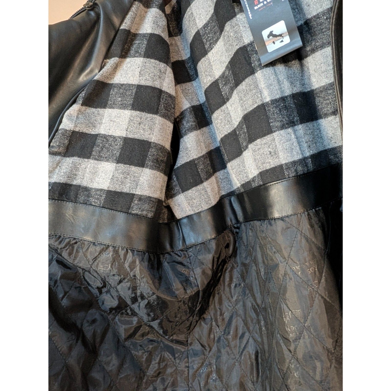 R Rosso Black & Gold Leather Jacket Mens Med. NWT Made In Italy Plaid Lined Coat