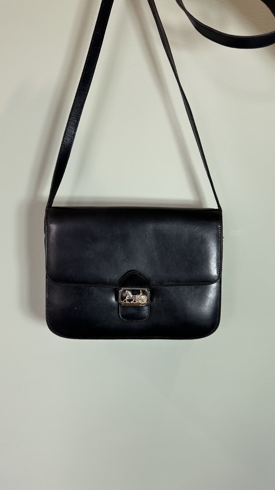 Celine Horse Carriage Shoulder Bag Black Leather Old Vintage FW/02