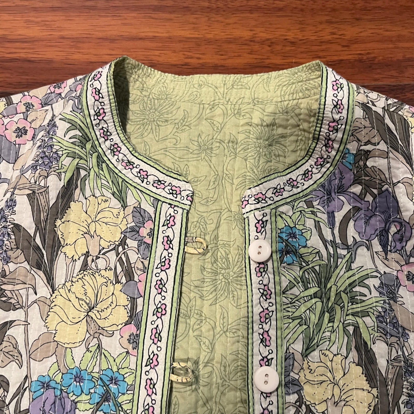 Reversible Quilted Floral Jacket Green Pink Blue Botanical Print Coat Whimsical