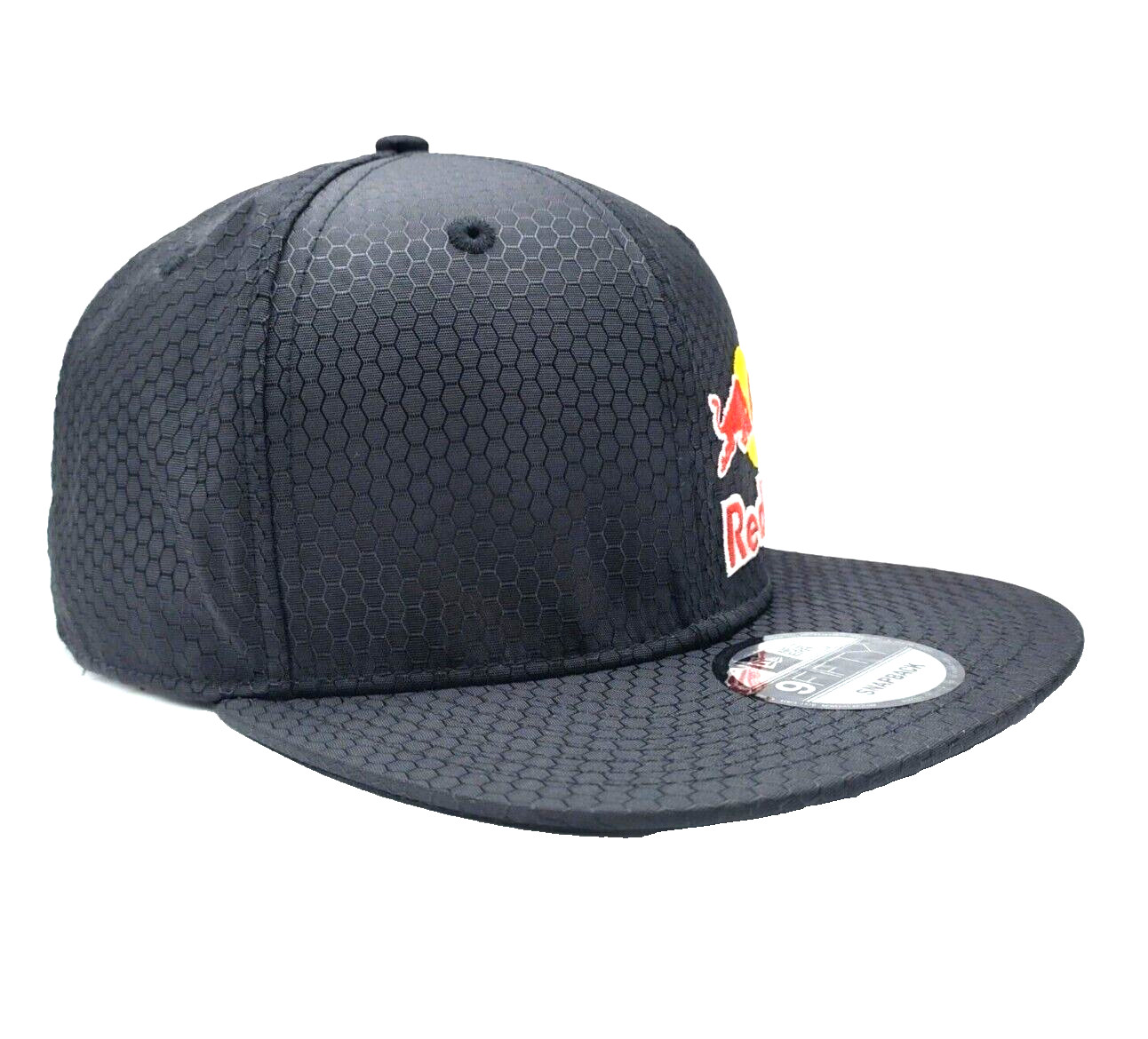 2025 New Black Flat Brim Cap w/Offset Logo. Hexagon Design. MotoGP. Motocross.