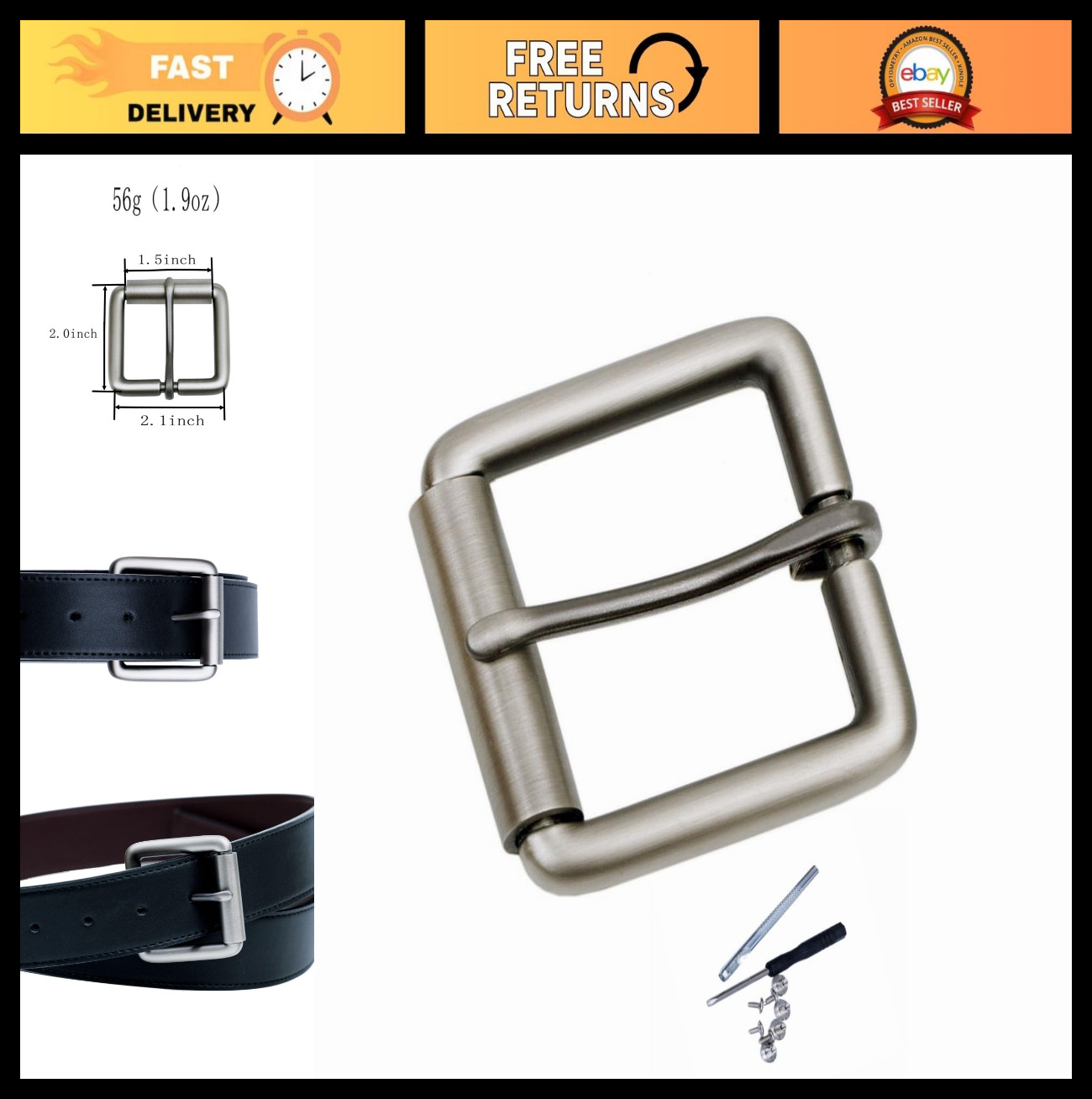 Heavy Duty 1.5″ Belt Buckle Replacement – Roller Single Pin Accessories, 38mm-40