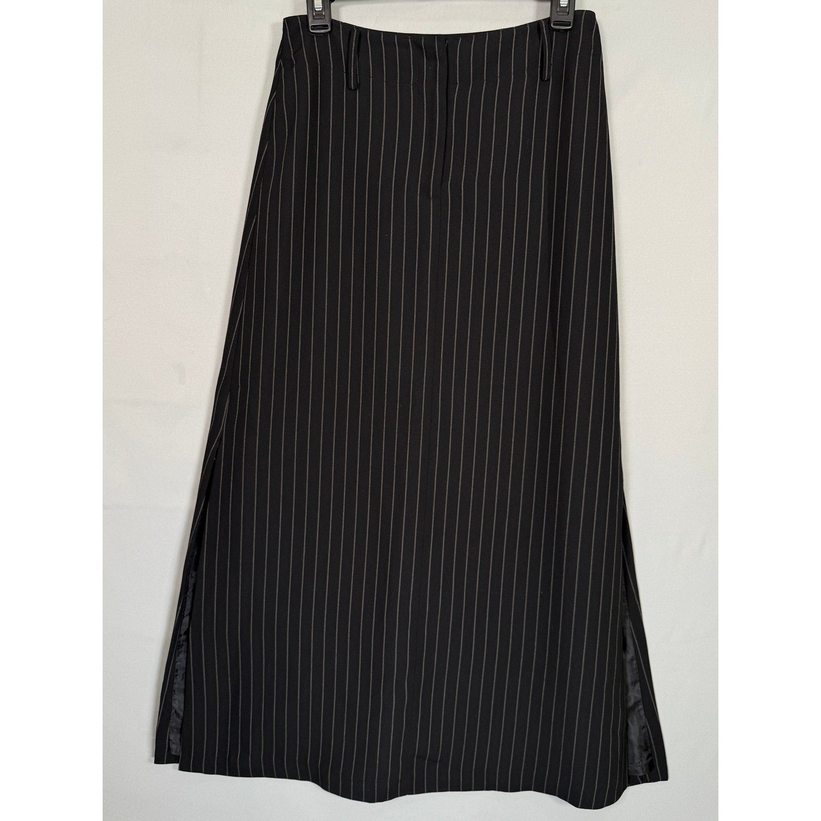 New York & Company Black Pinstripe Maxi Skirt Side Slits Lined Size 6