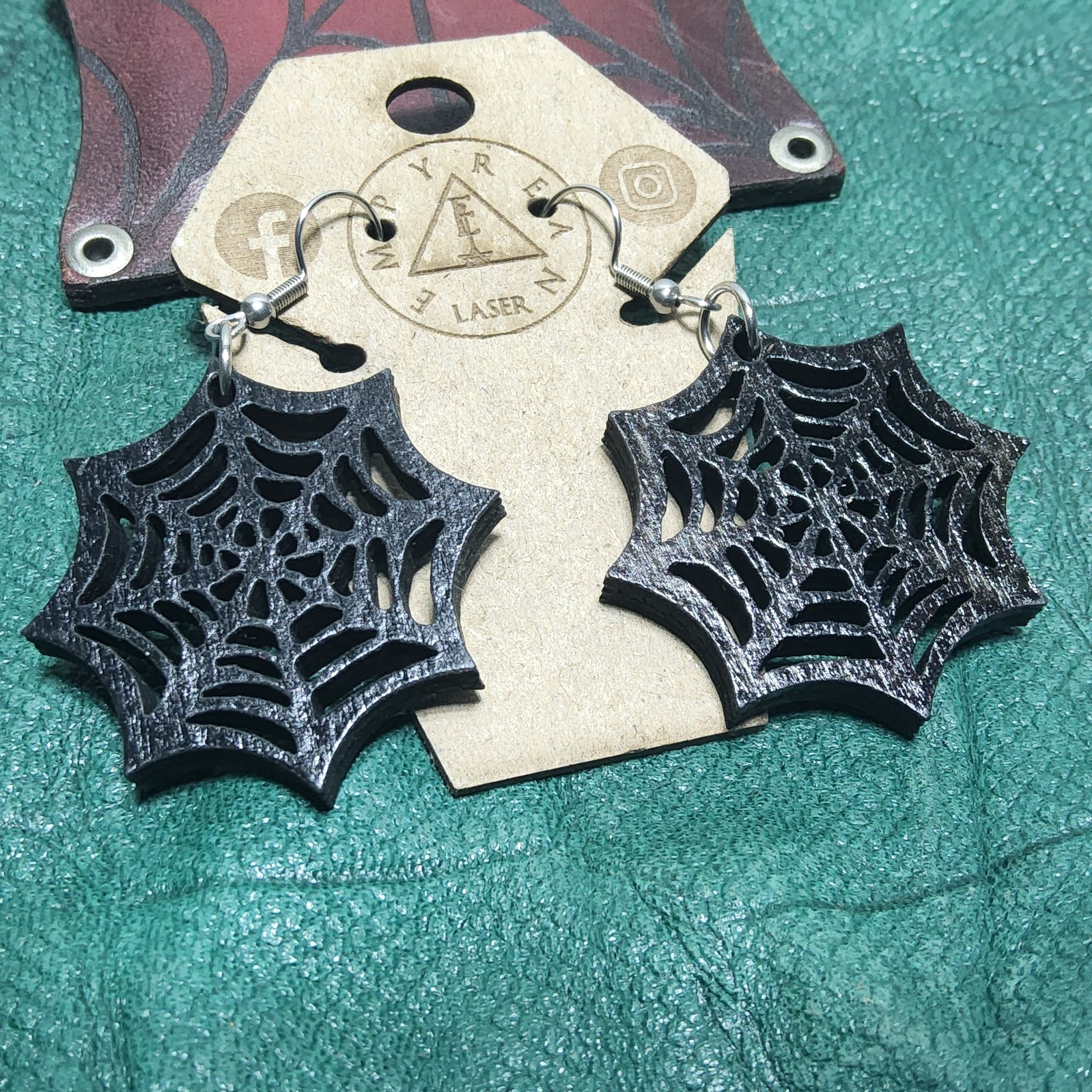 Spider web laser etched cut wallet earrings spider queen magnet set goth horror
