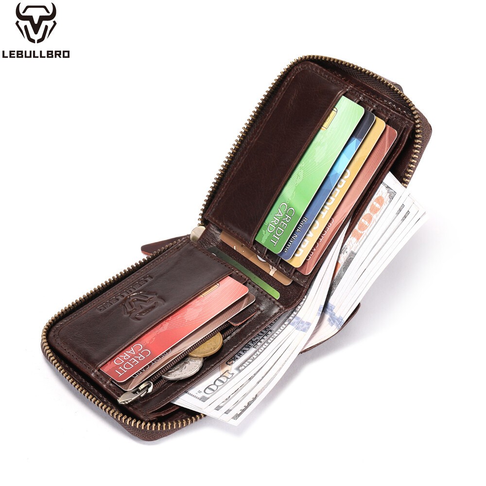 Men’s RFID Blocking Leather Zip Wallet Bifold with Coin Pocket & Card Slots