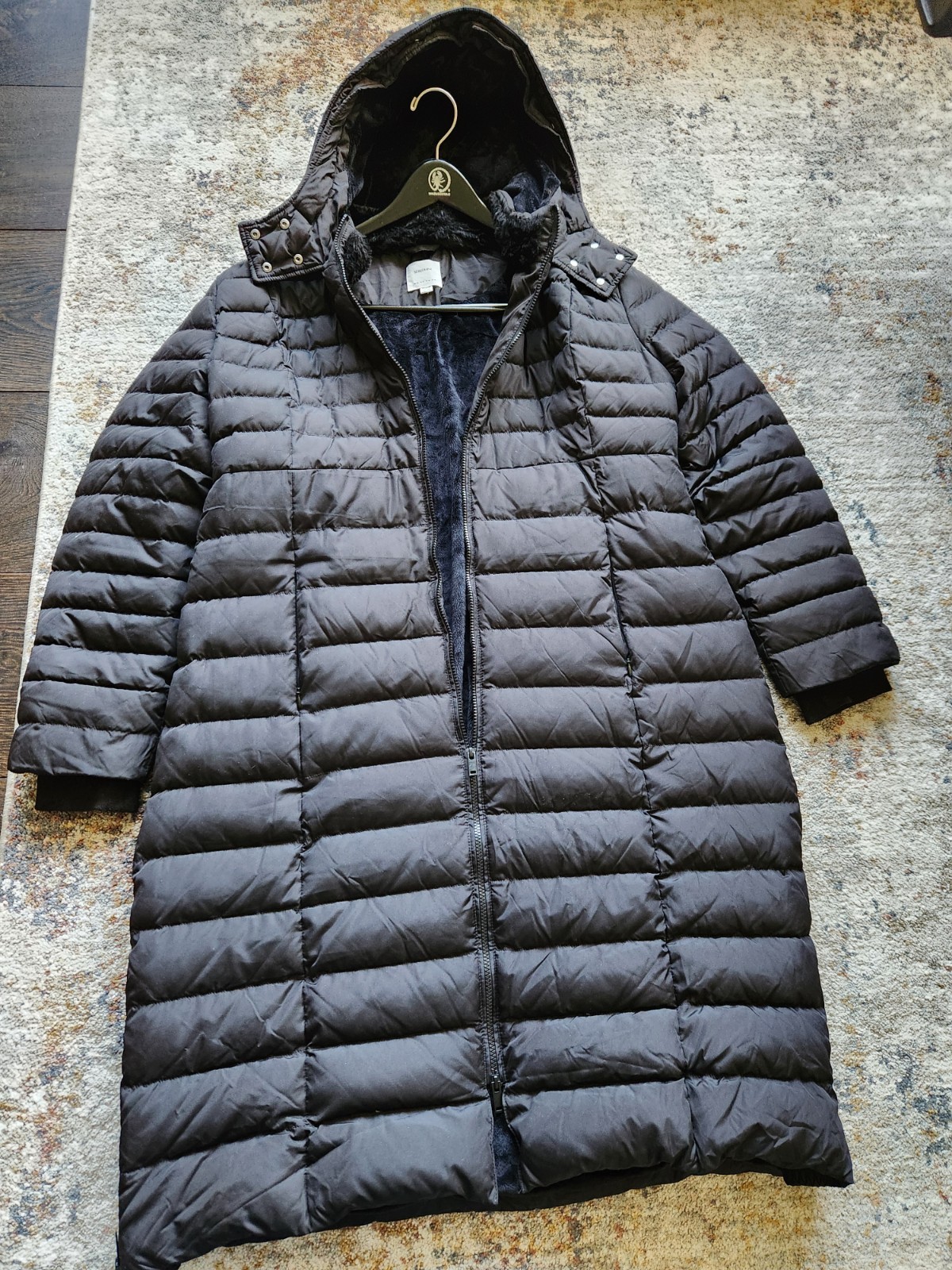 Seraphine Maternity Puffer Coat Women Black Long Belted Hooded Faux Fur Trim 16