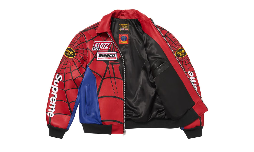 Vanson x supreme red spider Leather Jacket, Genuine Cowhide, Riding Style